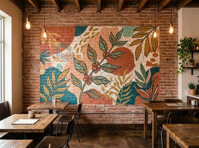 Botanical illustrated mural on exposed brick, café interior