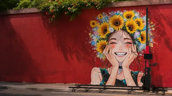 Wall printing machine installing a colorful floral mural on a red wall