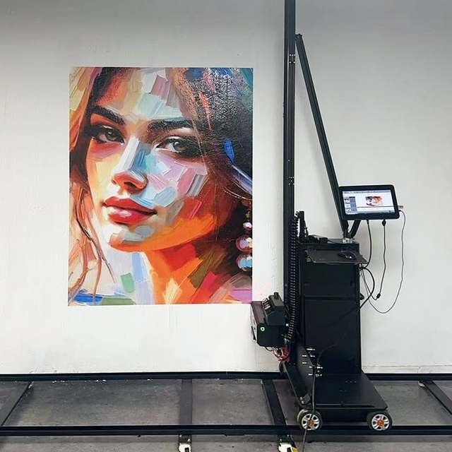 Colorful portrait mural being printed on an interior wall