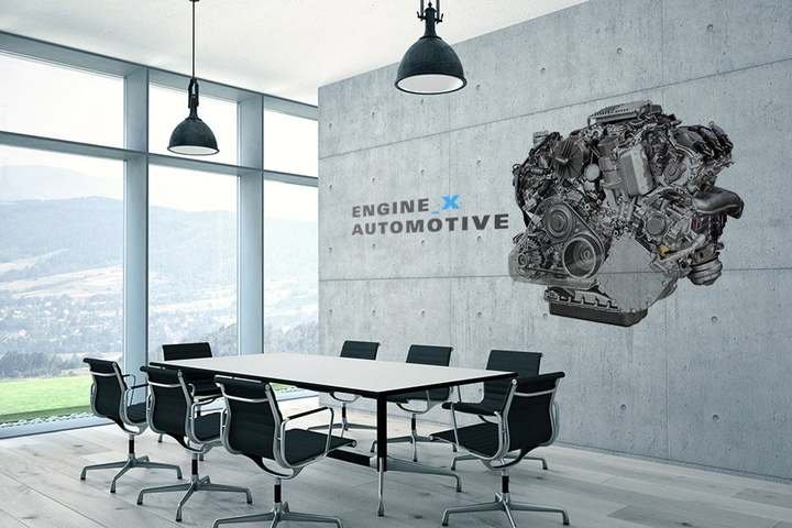 Engine mural printed on a concrete conference room wall