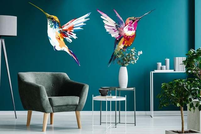Colorful hummingbird mural on a teal accent wall