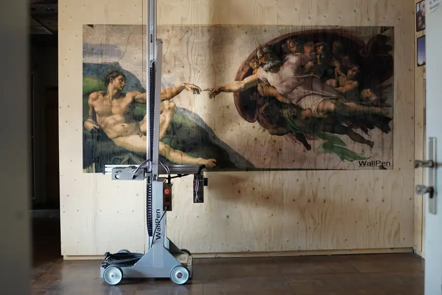 WallPen machine printing a mural on a wood-paneled wall