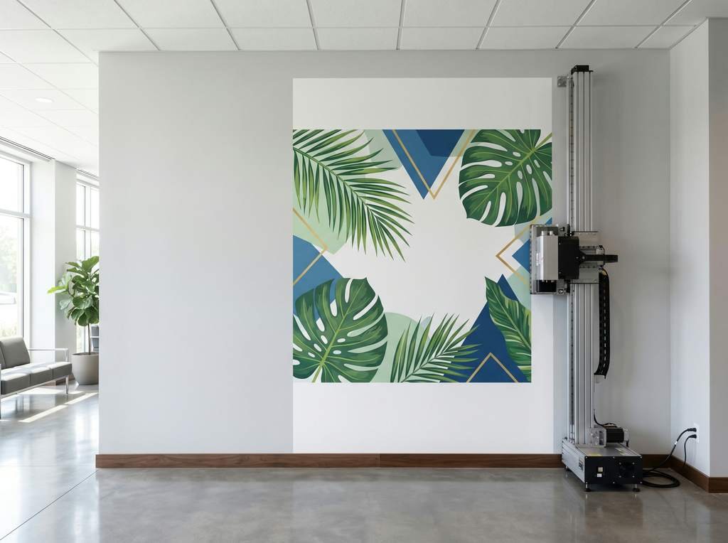Structured Visuals wall printer installing a geometric tropical mural